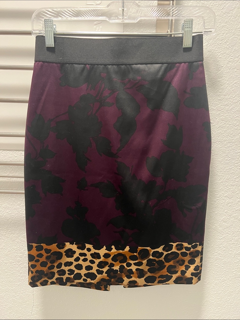 Express Purple Floral Pencil Skirt with Leopard-Print Hem